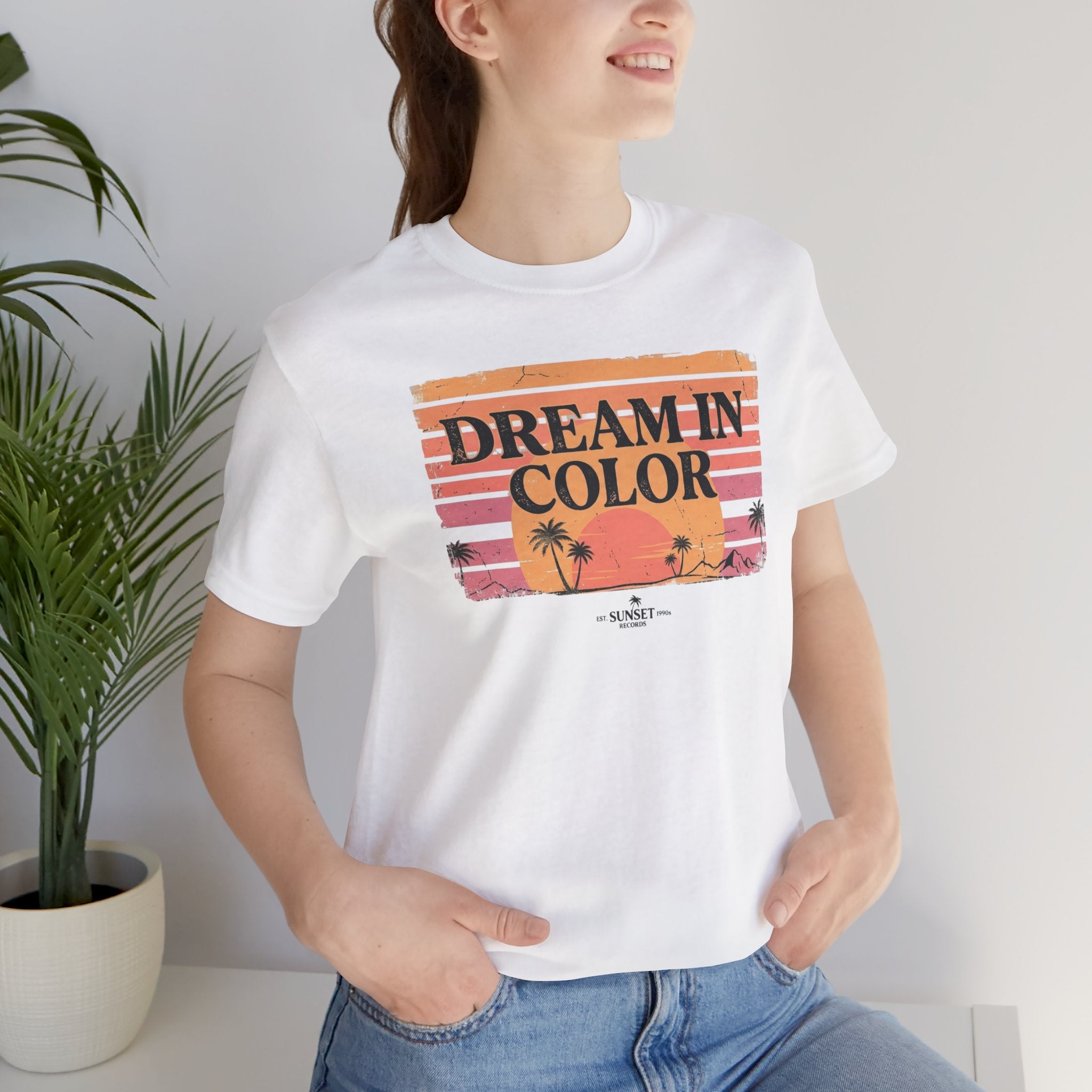 Dream In Color Retro Sunset T-Shirt — Palm Beach Graphic Tee, Vintage Summer Aesthetic Shirt