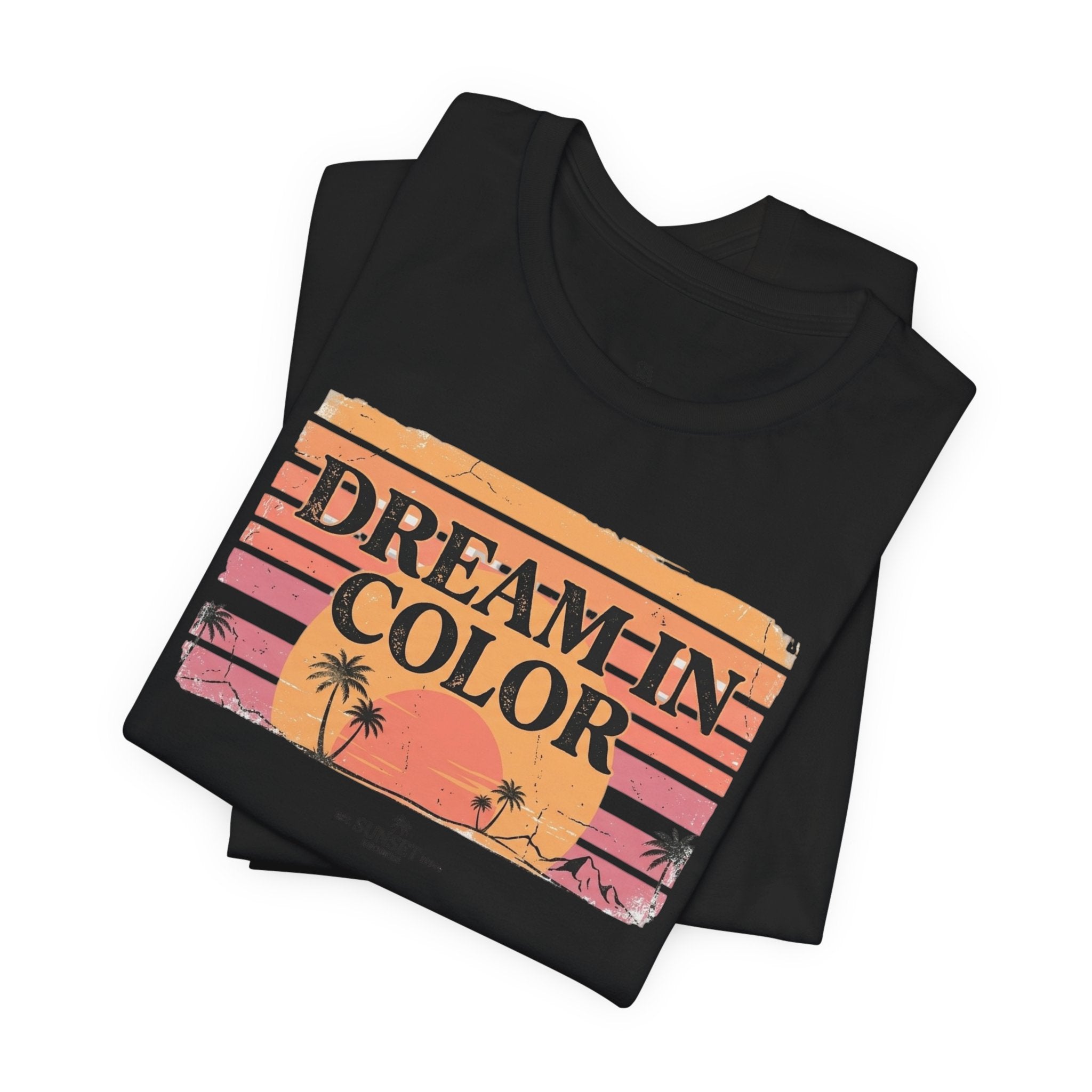 Dream In Color Retro Sunset T-Shirt — Palm Beach Graphic Tee, Vintage Summer Aesthetic Shirt
