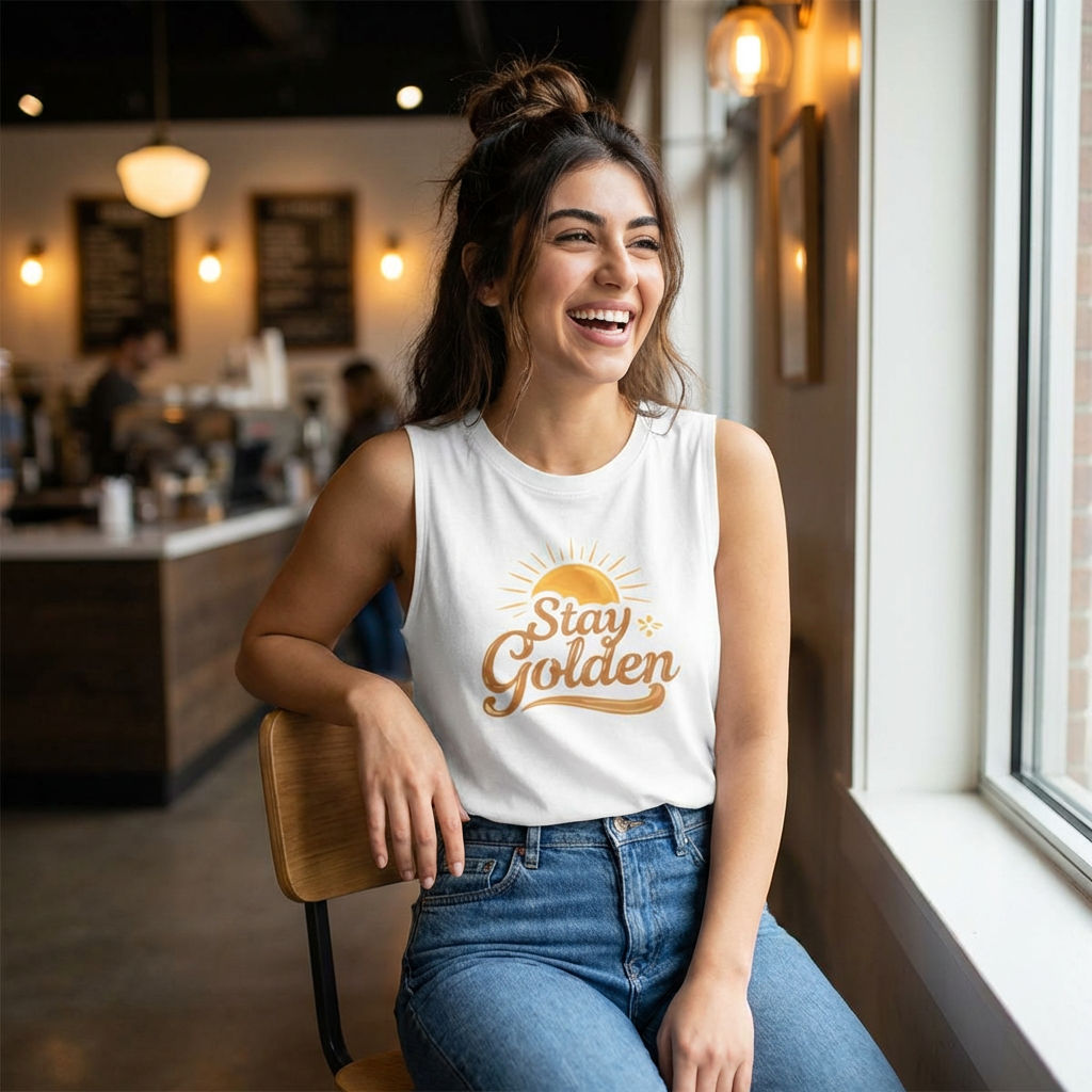 Golden Stay Women’s Crop Top – Retro Sun Graphic Summer Tank, Inspirational Aesthetic Beach Crop Tee