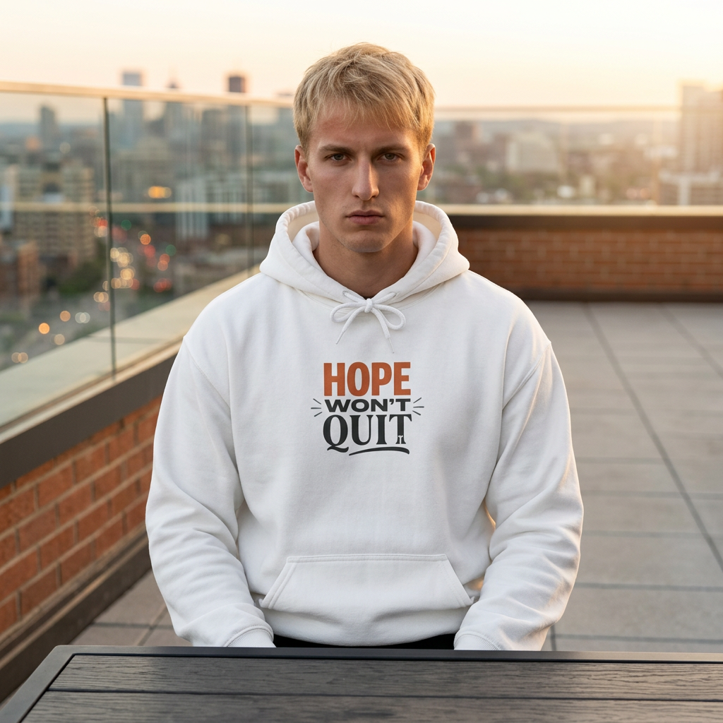 Hope Won't Quit Hoodie | faith streetwear, bold type, washed vintage