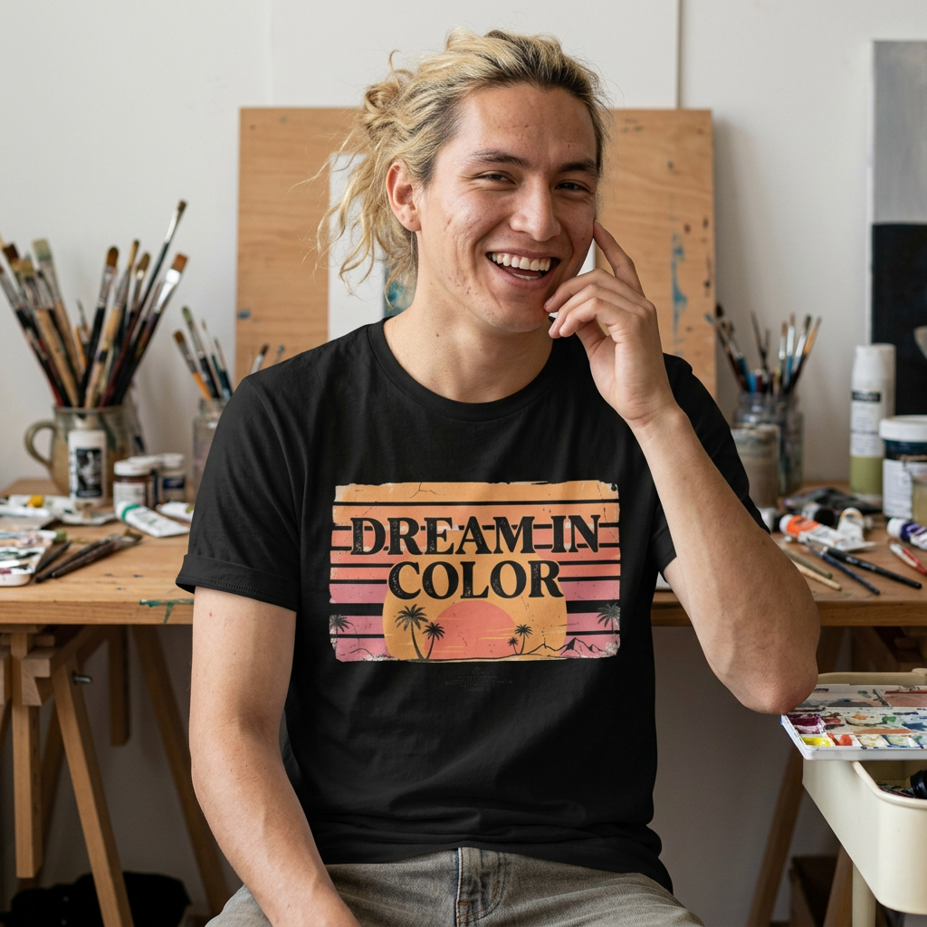 Dream In Color Retro Sunset T-Shirt — Palm Beach Graphic Tee, Vintage Summer Aesthetic Shirt