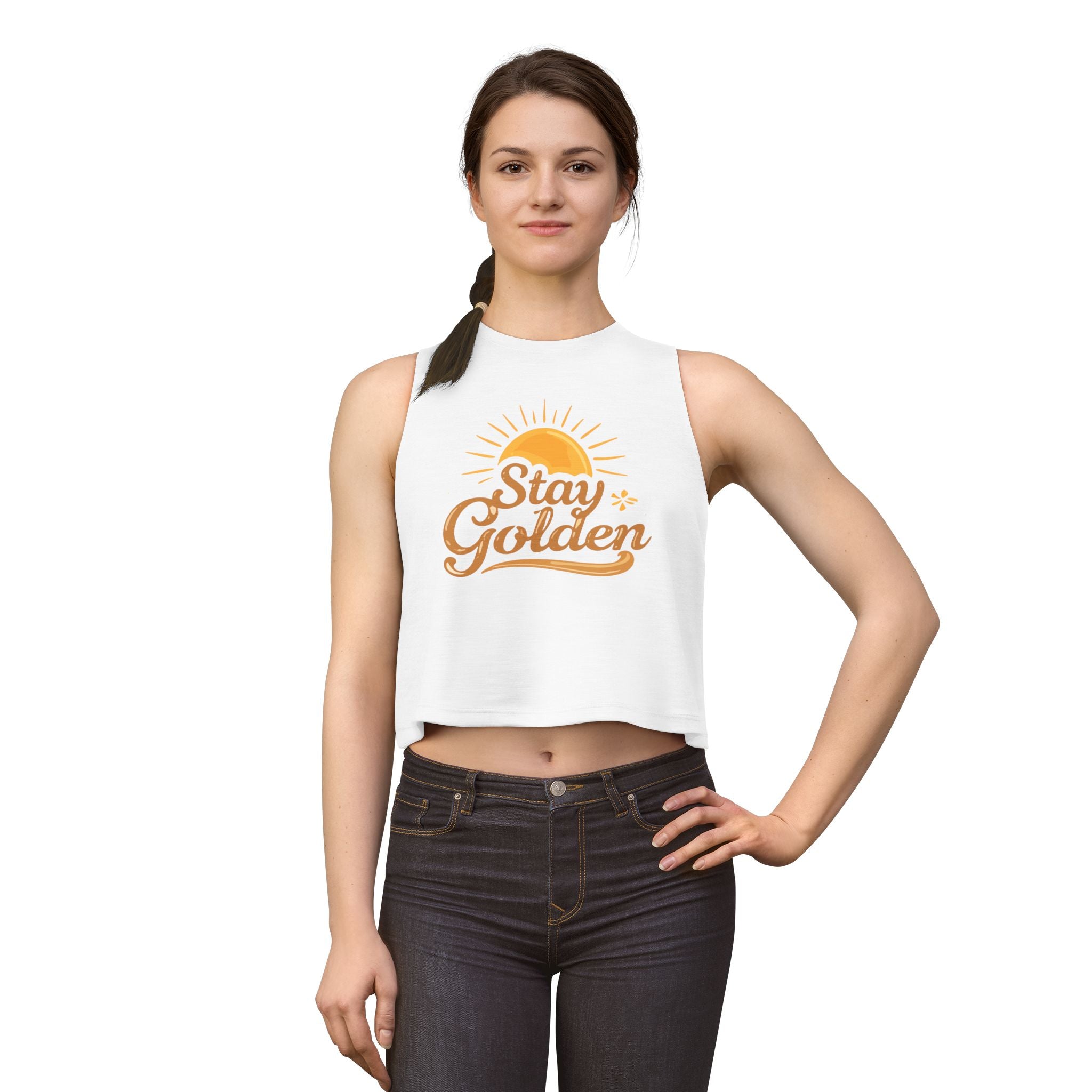 Golden Stay Women’s Crop Top – Retro Sun Graphic Summer Tank, Inspirational Aesthetic Beach Crop Tee
