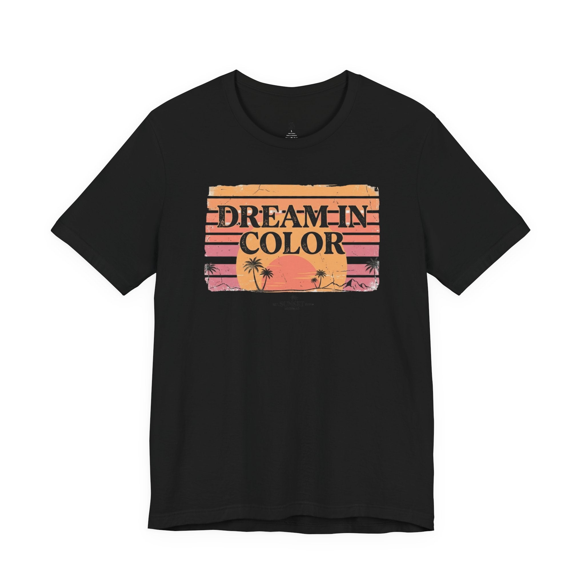 Dream In Color Retro Sunset T-Shirt — Palm Beach Graphic Tee, Vintage Summer Aesthetic Shirt