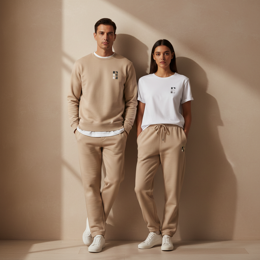 Two people wearing matching beige and white outfits against a beige wall.